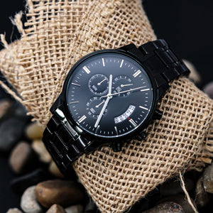 Non-Message Card Black Chronograph Watch with Buyer Upload
